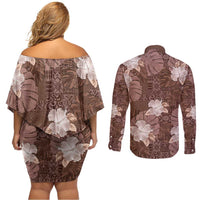 Hawaii Couples Matching Off Shoulder Short Dress and Long Sleeve Button Shirt Brown Polynesian Monstera Patterns - Polynesian Pride