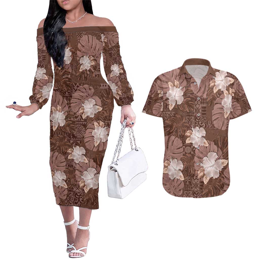 Hawaii Couples Matching Off The Shoulder Long Sleeve Dress and Hawaiian Shirt Brown Polynesian Monstera Patterns - Polynesian Pride