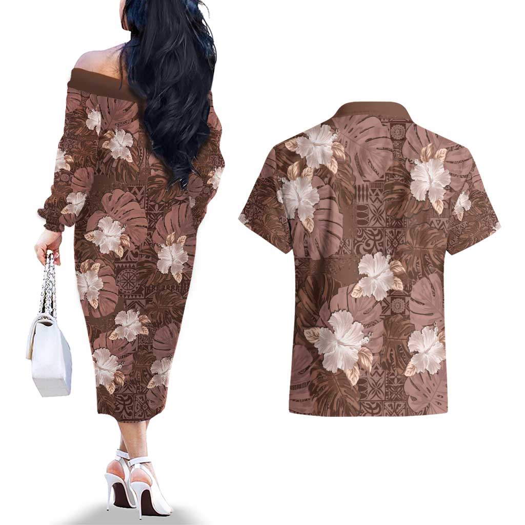 Hawaii Couples Matching Off The Shoulder Long Sleeve Dress and Hawaiian Shirt Brown Polynesian Monstera Patterns - Polynesian Pride