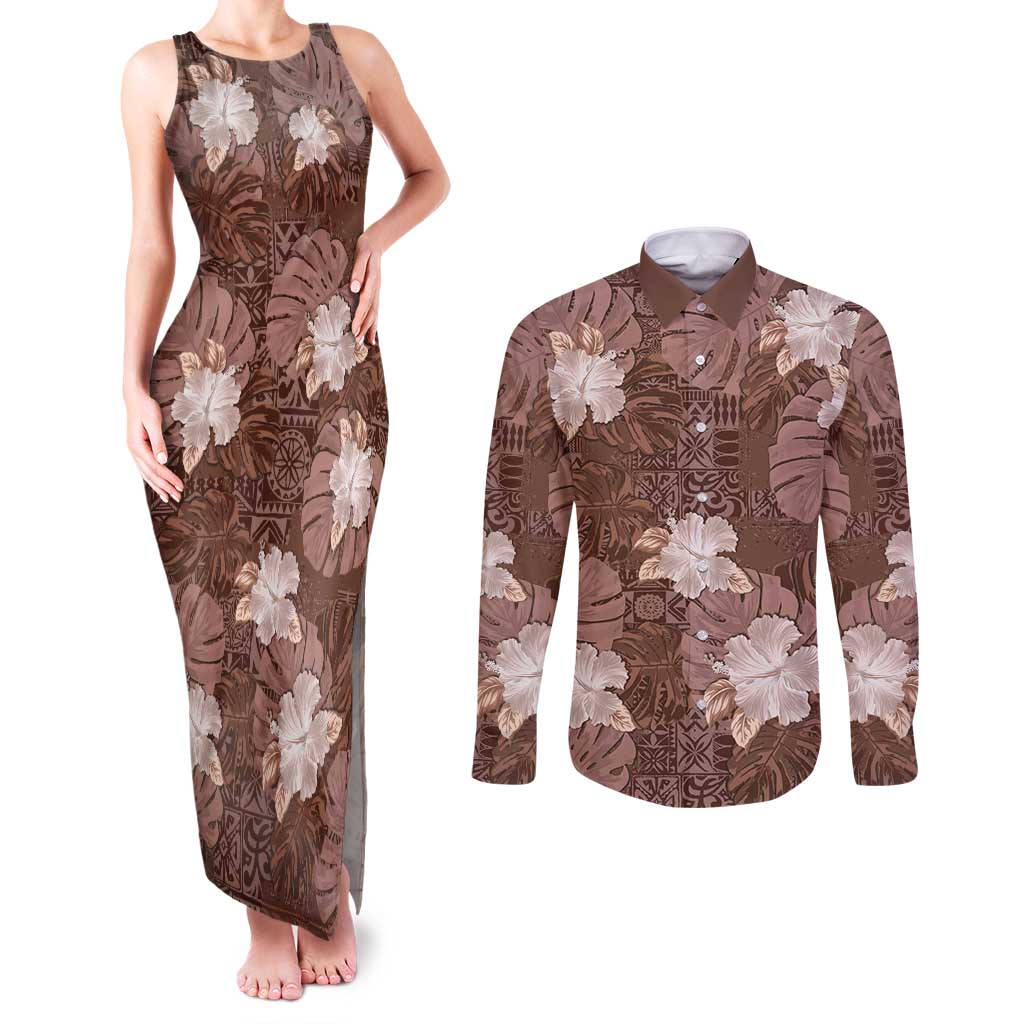 Hawaii Couples Matching Tank Maxi Dress and Long Sleeve Button Shirt Brown Polynesian Monstera Patterns - Polynesian Pride