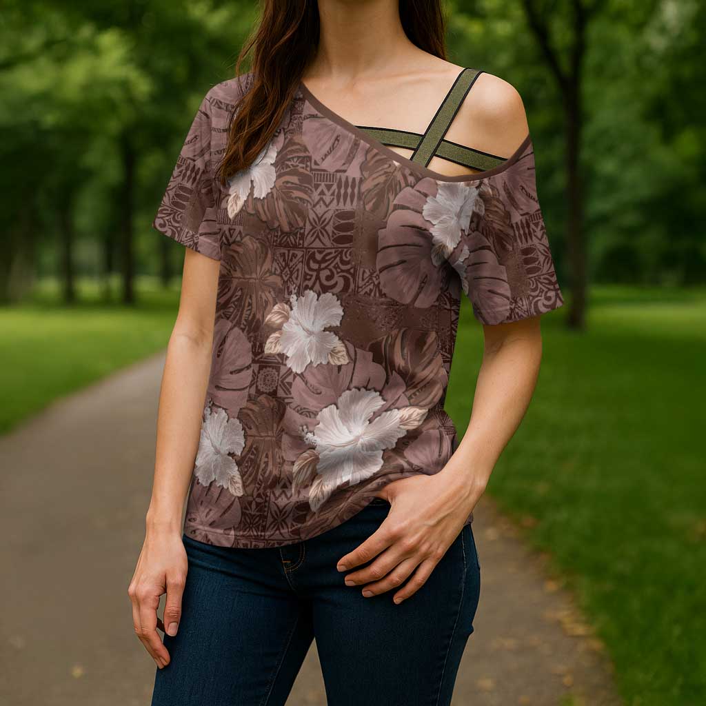 Hawaii Cross Shoulder Shirt Brown Polynesian Monstera Patterns - Polynesian Pride