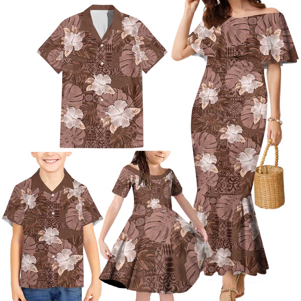 Hawaii Family Matching Mermaid Dress and Hawaiian Shirt Brown Polynesian Monstera Patterns - Polynesian Pride