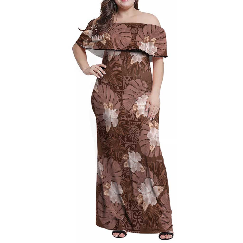 Hawaii Family Matching Off Shoulder Maxi Dress and Hawaiian Shirt Brown Polynesian Monstera Patterns - Polynesian Pride