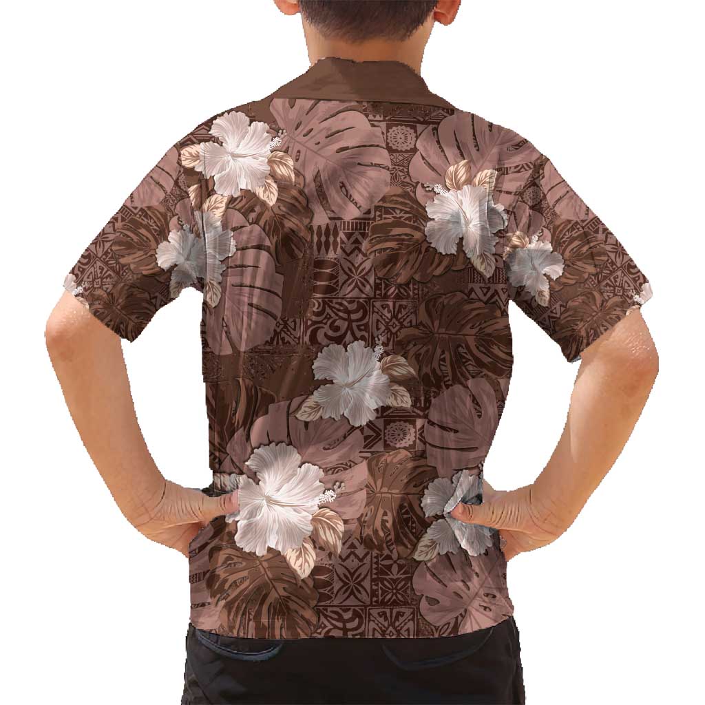 Hawaii Family Matching Off Shoulder Short Dress and Hawaiian Shirt Brown Polynesian Monstera Patterns - Polynesian Pride