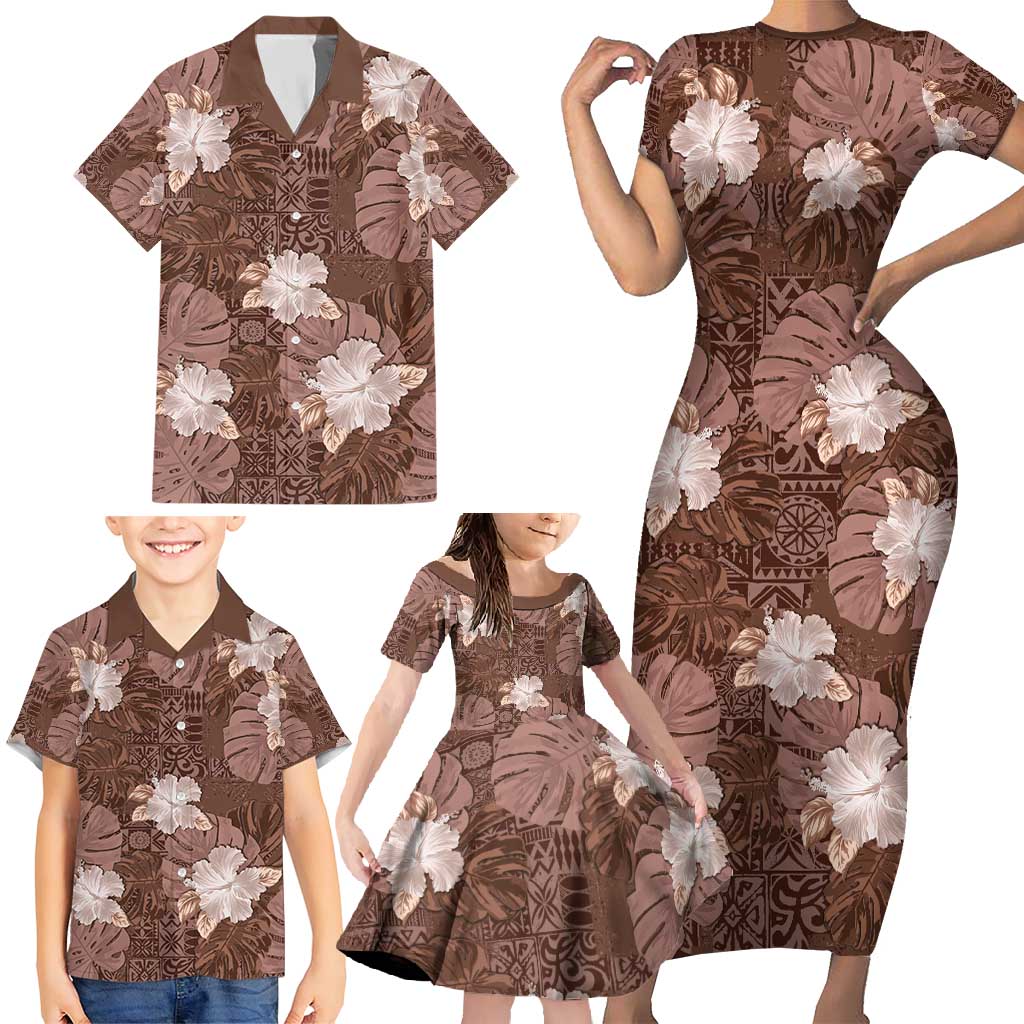 Hawaii Family Matching Short Sleeve Bodycon Dress and Hawaiian Shirt Brown Polynesian Monstera Patterns - Polynesian Pride