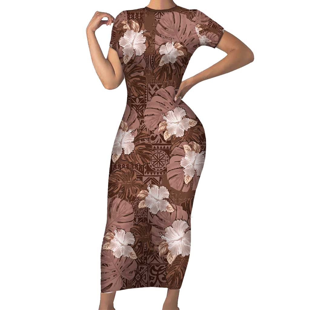 Hawaii Family Matching Short Sleeve Bodycon Dress and Hawaiian Shirt Brown Polynesian Monstera Patterns - Polynesian Pride