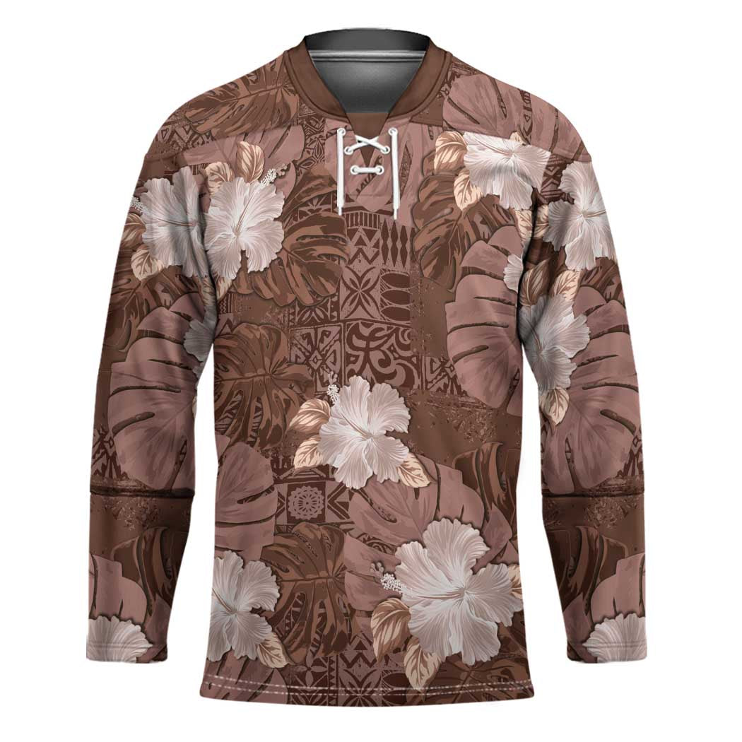Hawaii Hockey Jersey Brown Polynesian Monstera Patterns - Polynesian Pride