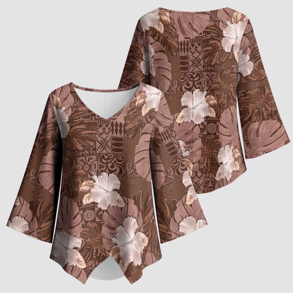 Hawaii Kimono Sleeve Blouse Brown Polynesian Monstera Patterns - Polynesian Pride