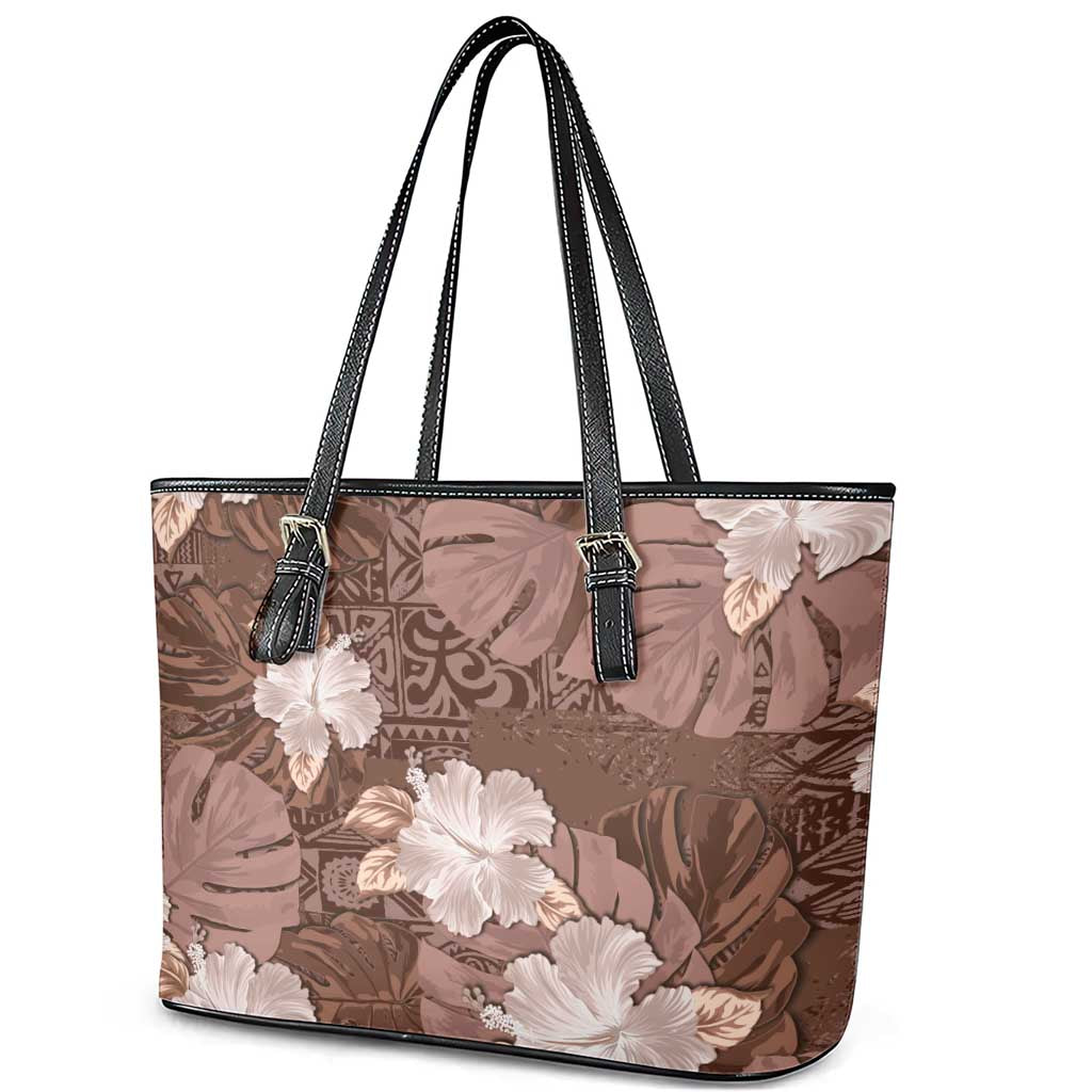 Hawaii Leather Tote Bag Brown Polynesian Monstera Patterns - Polynesian Pride