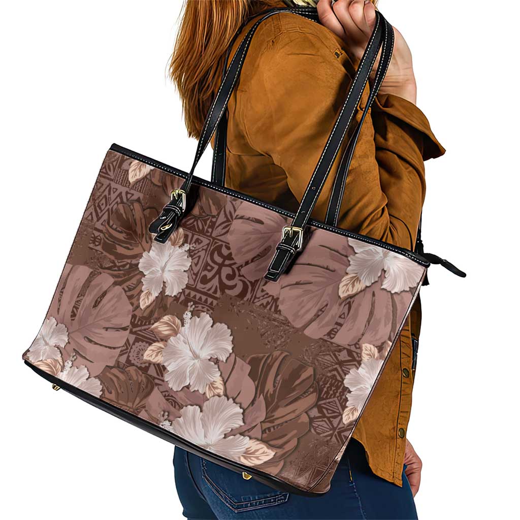Hawaii Leather Tote Bag Brown Polynesian Monstera Patterns - Polynesian Pride