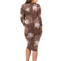 Hawaii Long Sleeve Bodycon Dress Brown Polynesian Monstera Patterns - Polynesian Pride