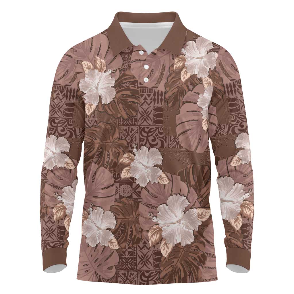 Hawaii Long Sleeve Polo Shirt Brown Polynesian Monstera Patterns - Polynesian Pride