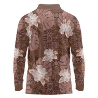 Hawaii Long Sleeve Polo Shirt Brown Polynesian Monstera Patterns - Polynesian Pride