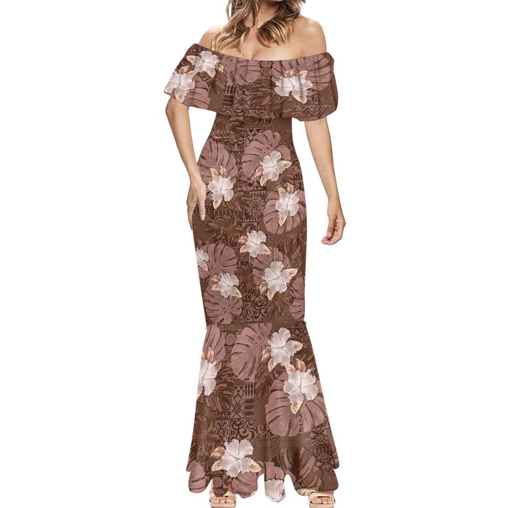 Hawaii Mermaid Dress Brown Polynesian Monstera Patterns - Polynesian Pride