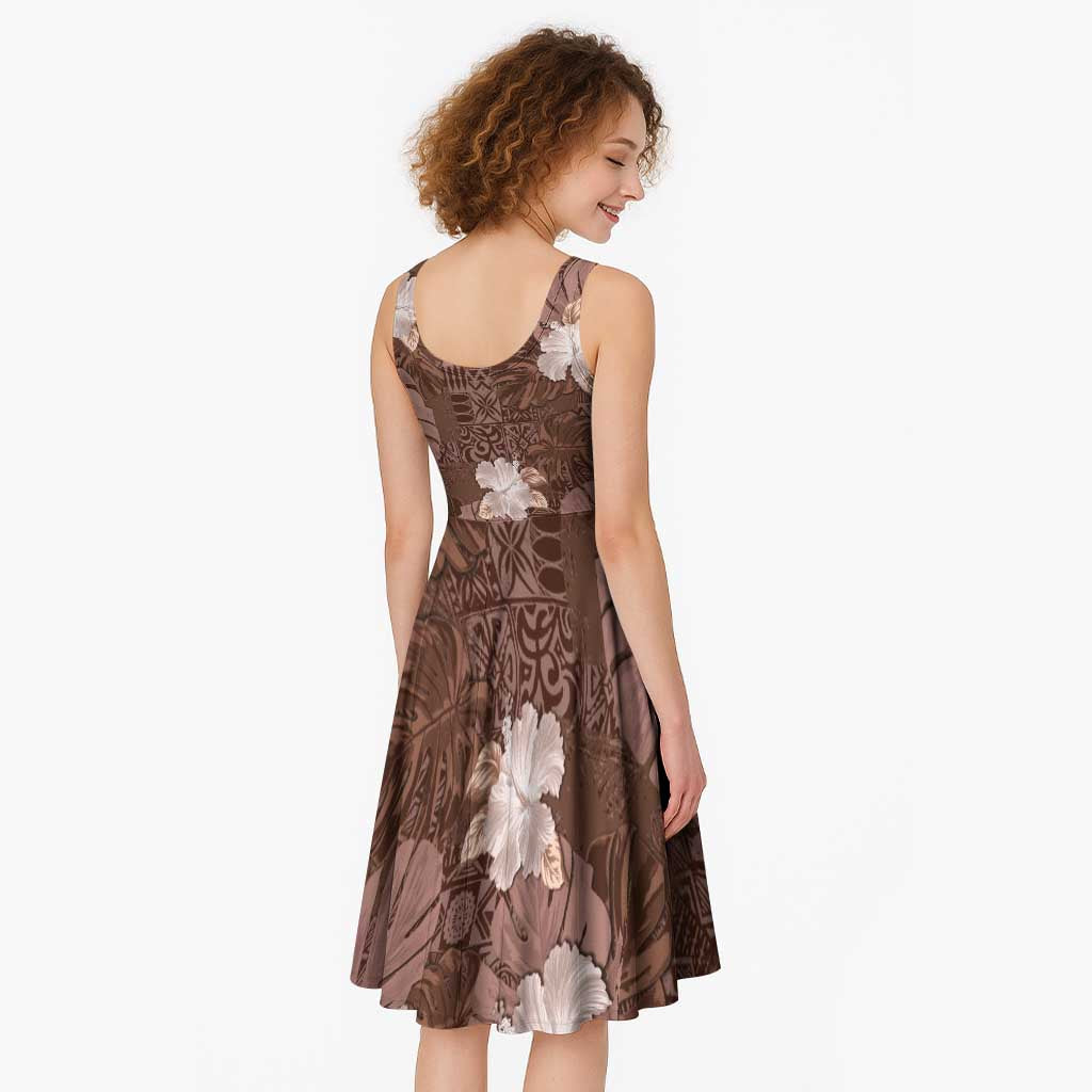 Hawaii Midi Dress Brown Polynesian Monstera Patterns - Polynesian Pride
