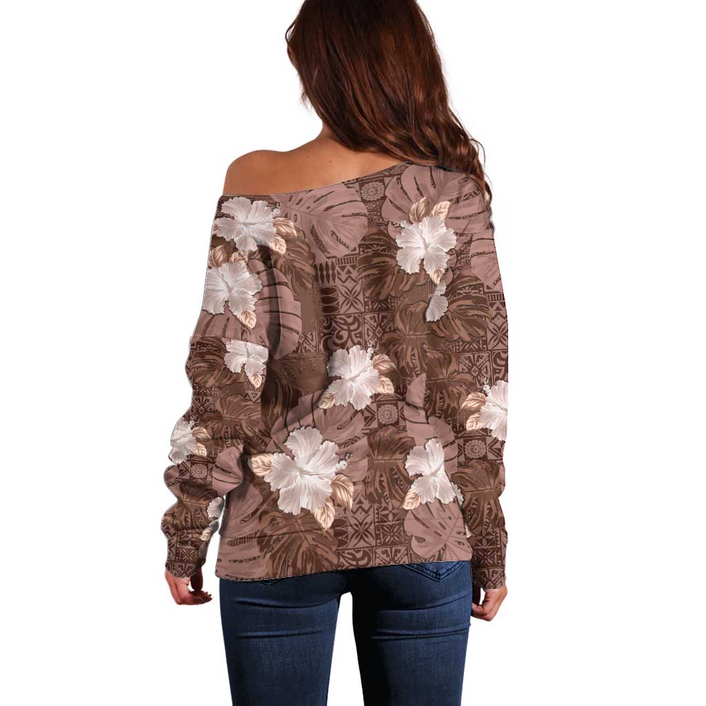 Hawaii Off Shoulder Sweater Brown Polynesian Monstera Patterns - Polynesian Pride