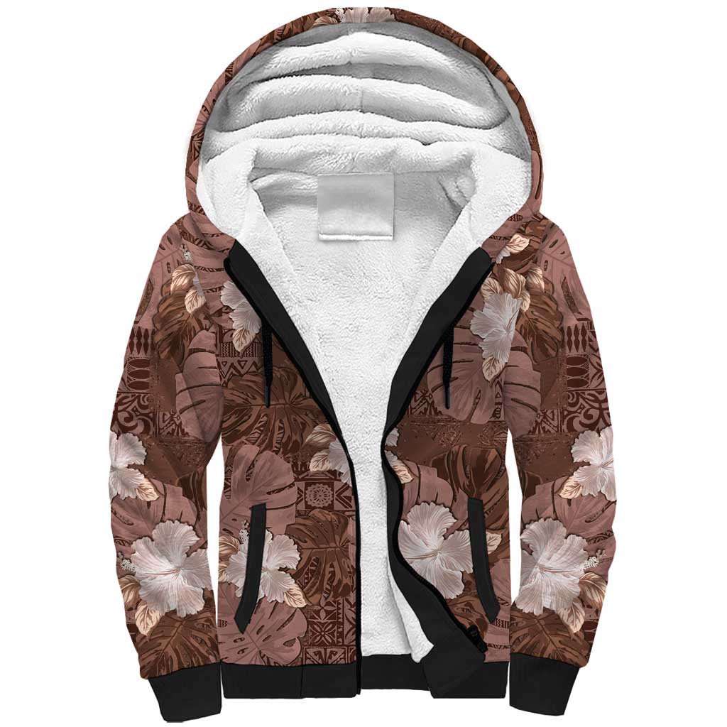 Hawaii Sherpa Hoodie Brown Polynesian Monstera Patterns - Polynesian Pride
