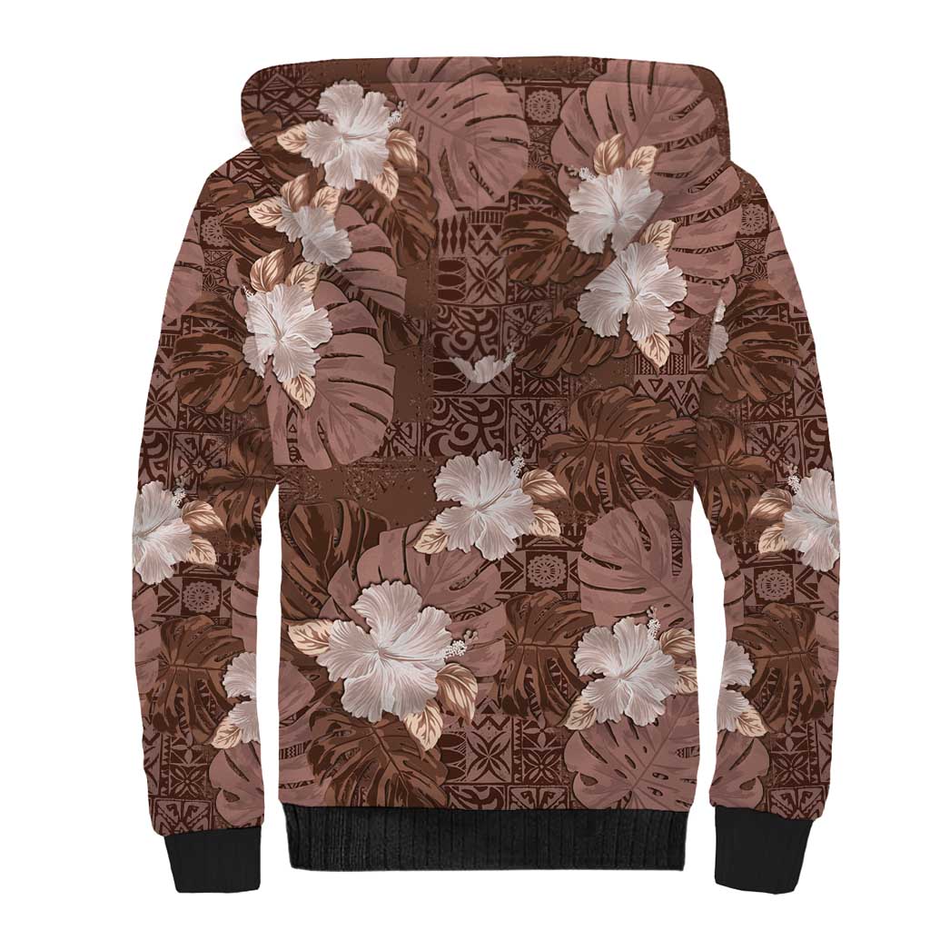 Hawaii Sherpa Hoodie Brown Polynesian Monstera Patterns - Polynesian Pride