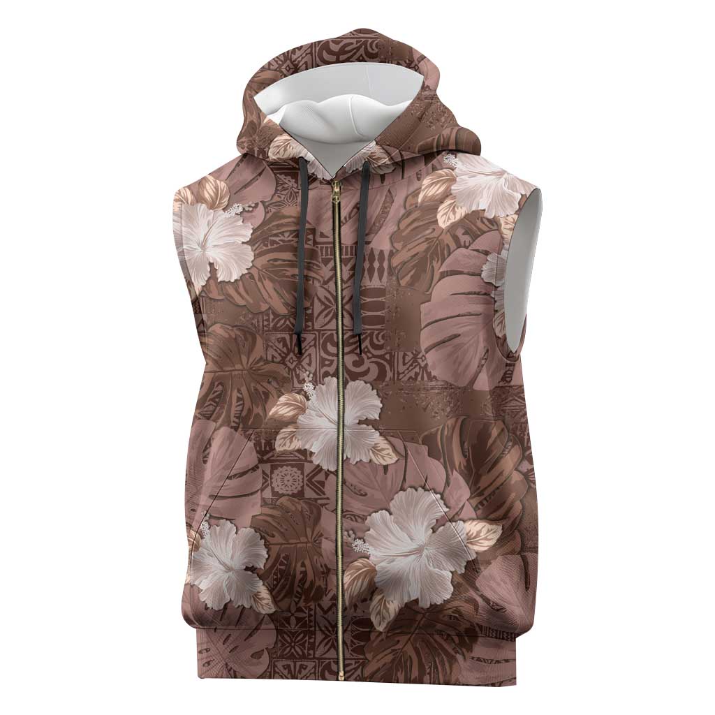 Hawaii Sleeveless Zip Hoodie Brown Polynesian Monstera Patterns - Polynesian Pride