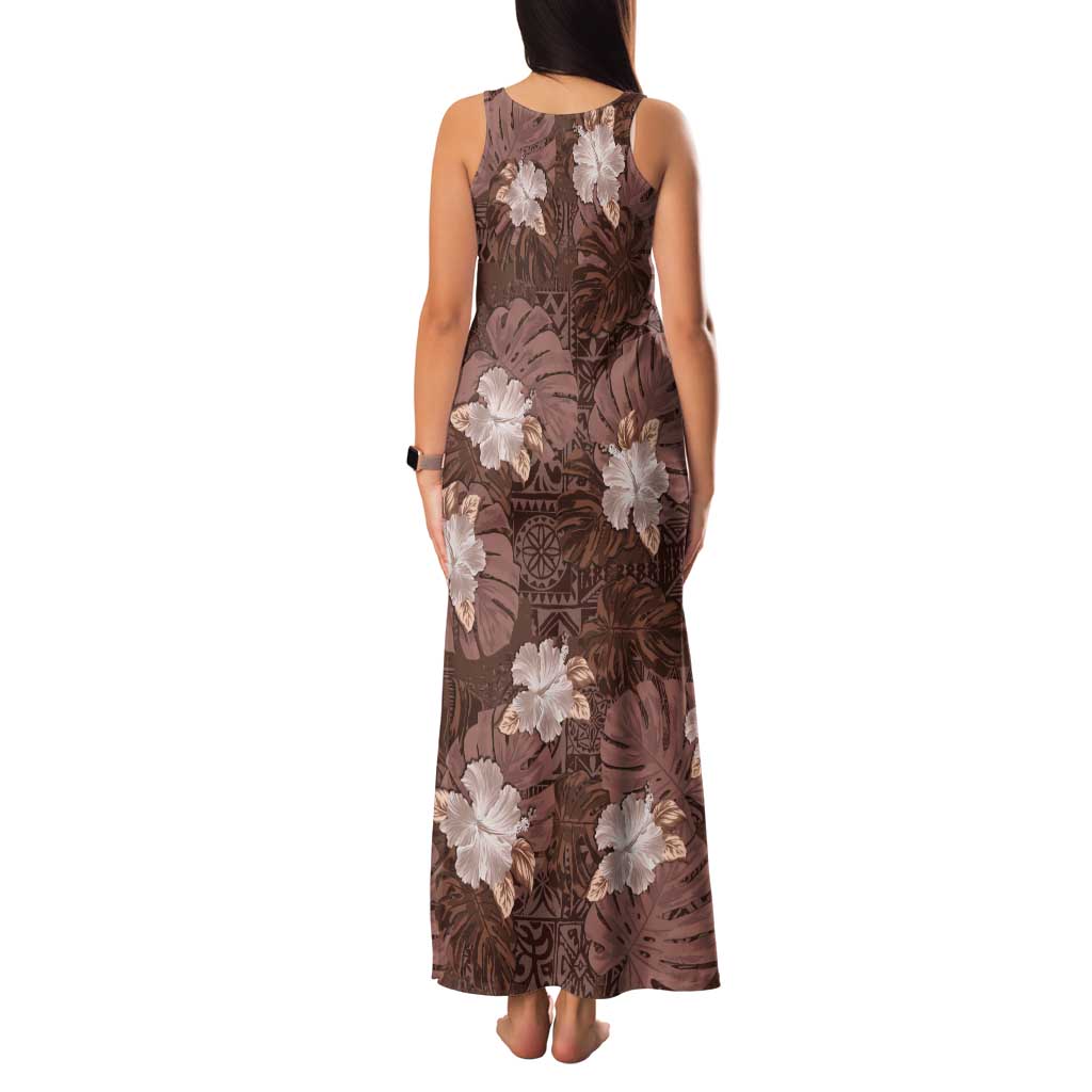Hawaii Tank Maxi Dress Brown Polynesian Monstera Patterns - Polynesian Pride