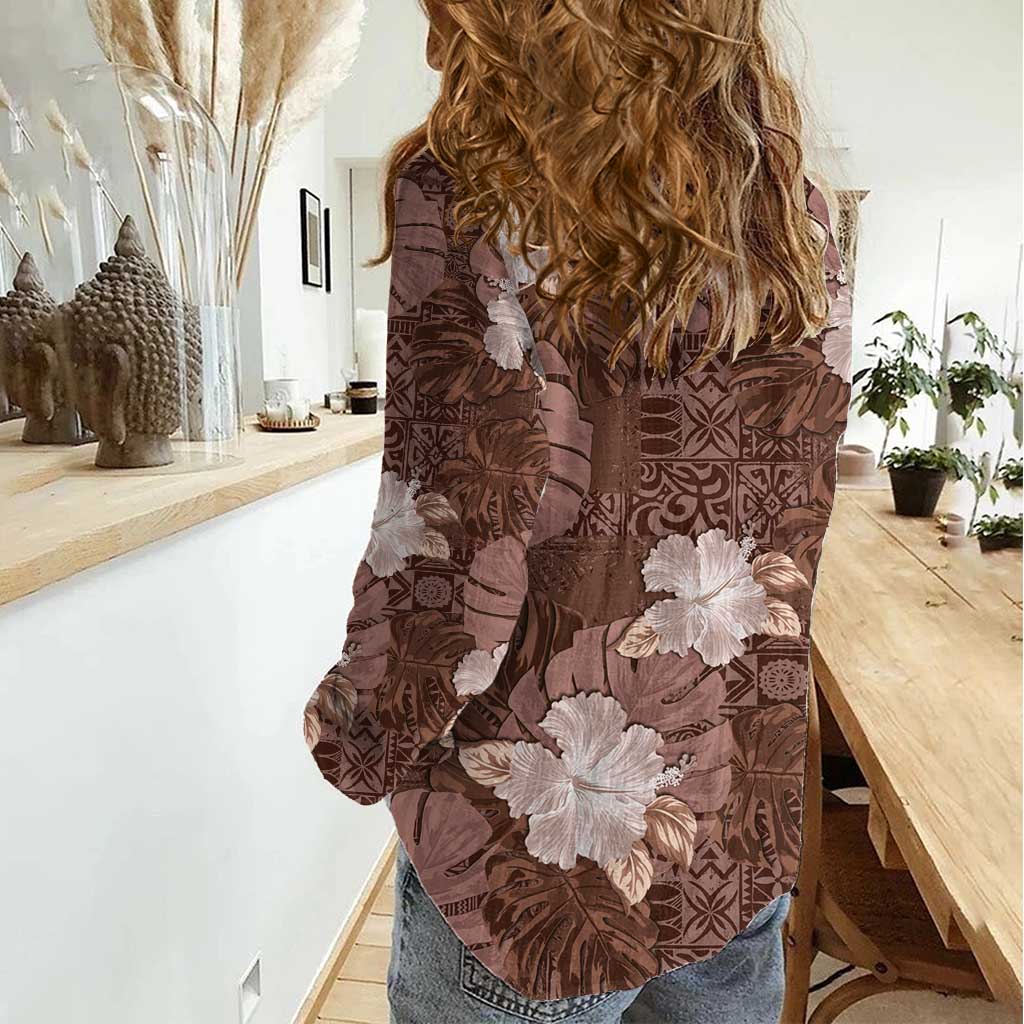 Hawaii Women Casual Shirt Brown Polynesian Monstera Patterns - Polynesian Pride