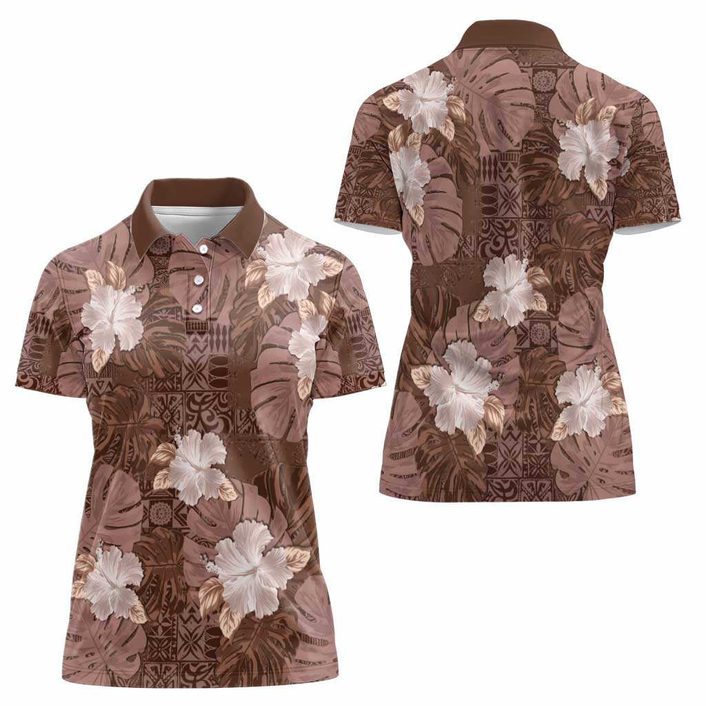Hawaii Women Polo Shirt Brown Polynesian Monstera Patterns - Polynesian Pride