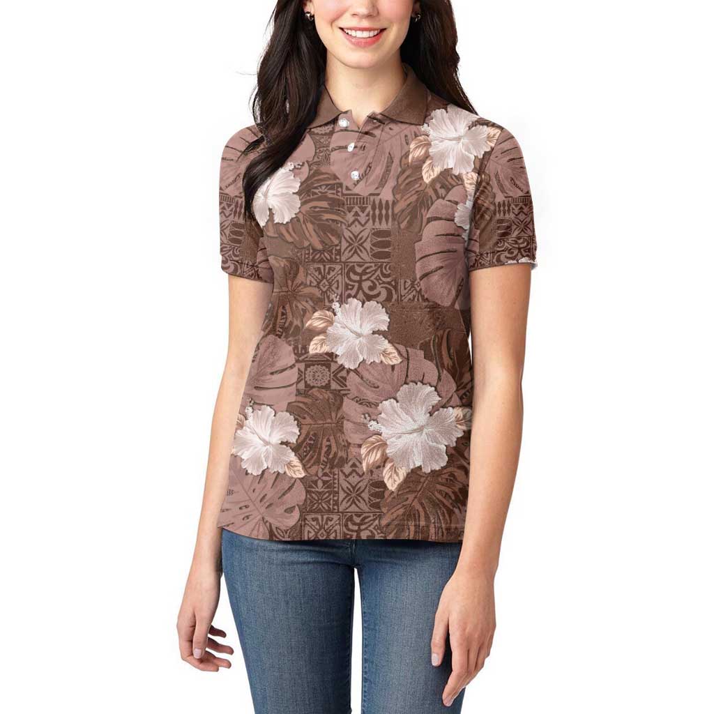Hawaii Women Polo Shirt Brown Polynesian Monstera Patterns - Polynesian Pride