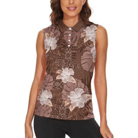 Hawaii Women Sleeveless Polo Shirt Brown Polynesian Monstera Patterns - Polynesian Pride