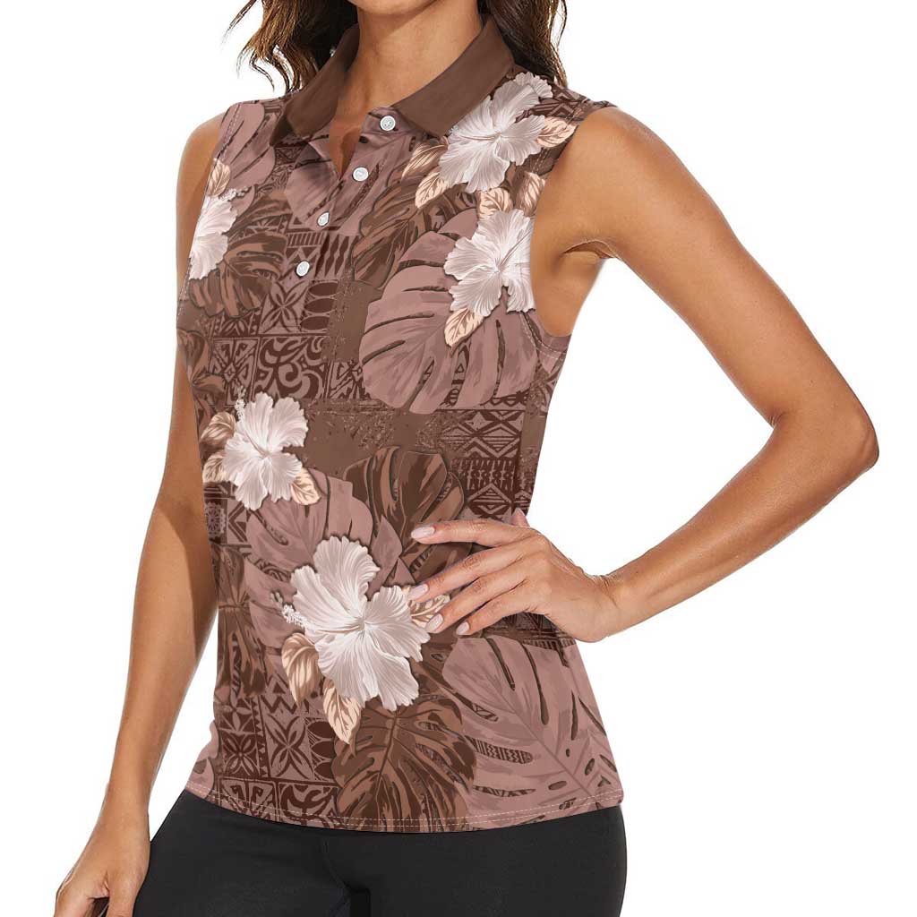 Hawaii Women Sleeveless Polo Shirt Brown Polynesian Monstera Patterns - Polynesian Pride