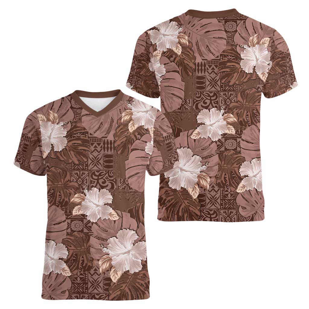 Hawaii Women V-Neck T-Shirt Brown Polynesian Monstera Patterns - Polynesian Pride