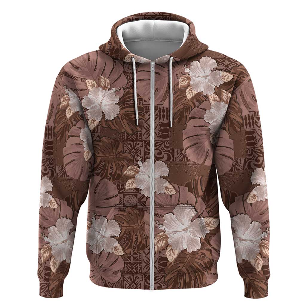Hawaii Zip Hoodie Brown Polynesian Monstera Patterns - Polynesian Pride