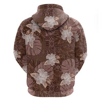 Hawaii Zip Hoodie Brown Polynesian Monstera Patterns - Polynesian Pride