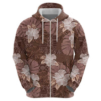 Hawaii Zip Hoodie Brown Polynesian Monstera Patterns - Polynesian Pride