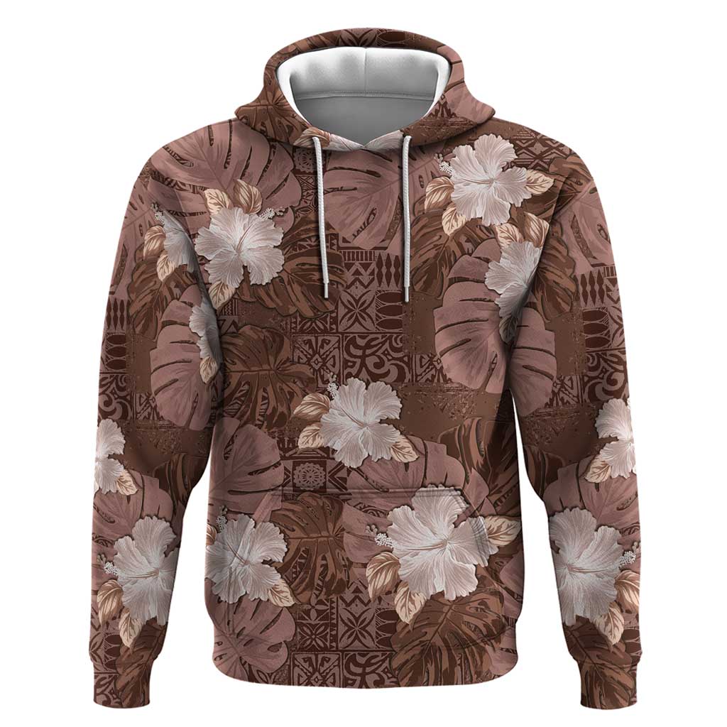 Hawaii Zip Hoodie Brown Polynesian Monstera Patterns - Polynesian Pride