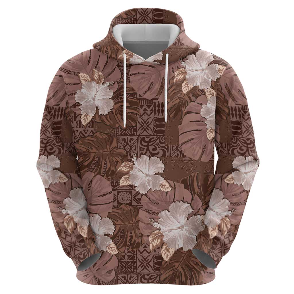 Hawaii Zip Hoodie Brown Polynesian Monstera Patterns - Polynesian Pride