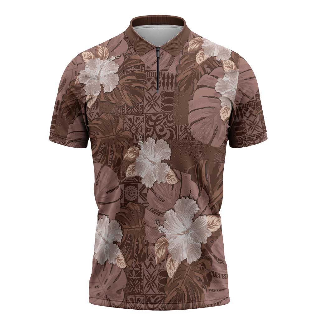 Hawaii Zipper Polo Shirt Brown Polynesian Monstera Patterns - Polynesian Pride