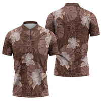 Hawaii Zipper Polo Shirt Brown Polynesian Monstera Patterns - Polynesian Pride