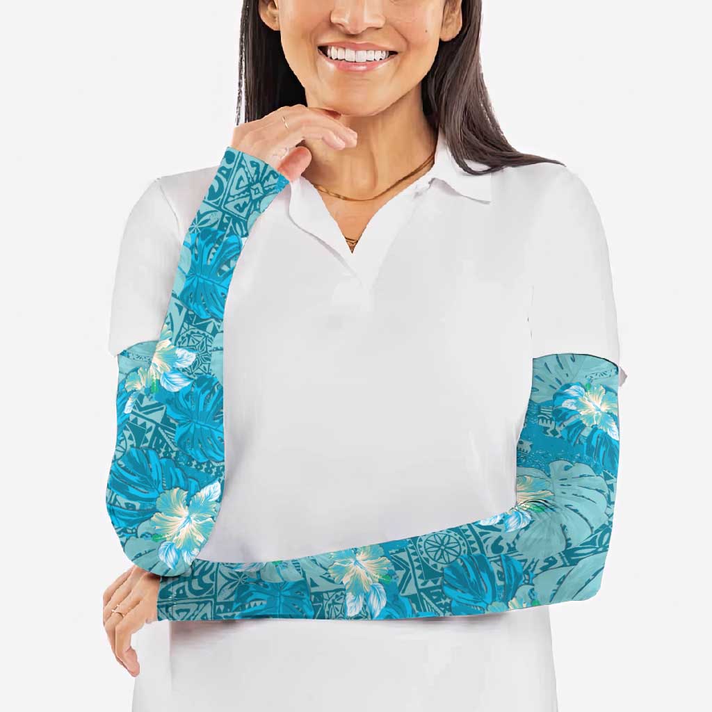 Hawaii Arm Sleeves Teal Polynesian Monstera Patterns - Polynesian Pride