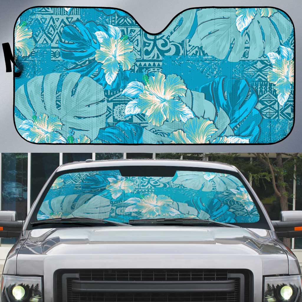 Hawaii Auto Sun Shade Teal Polynesian Monstera Patterns - Polynesian Pride