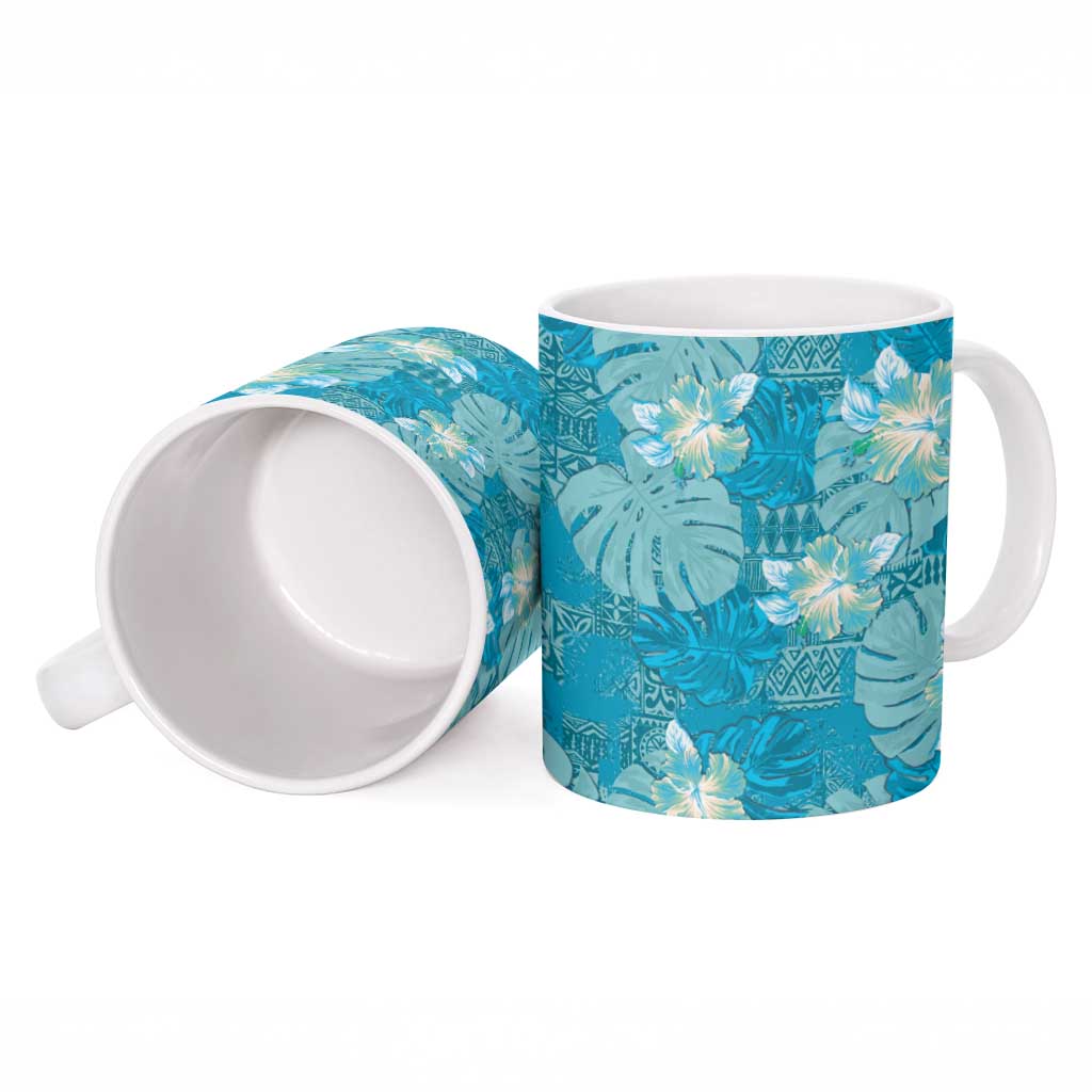 Hawaii Ceramic Mug Teal Polynesian Monstera Patterns - Polynesian Pride