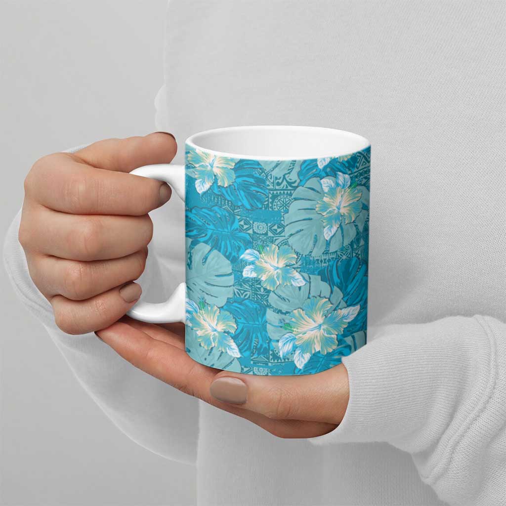 Hawaii Ceramic Mug Teal Polynesian Monstera Patterns - Polynesian Pride