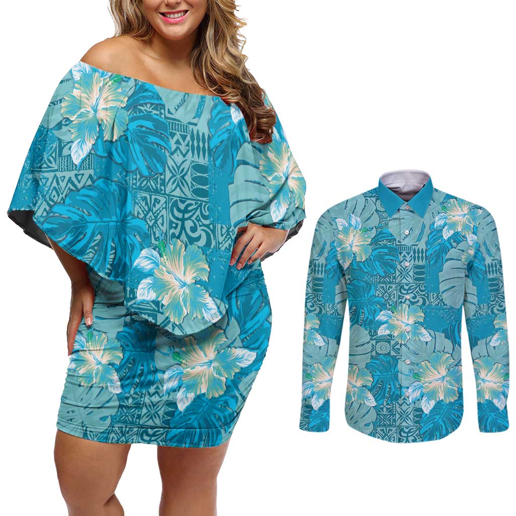 Hawaii Couples Matching Off Shoulder Short Dress and Long Sleeve Button Shirt Teal Polynesian Monstera Patterns - Polynesian Pride