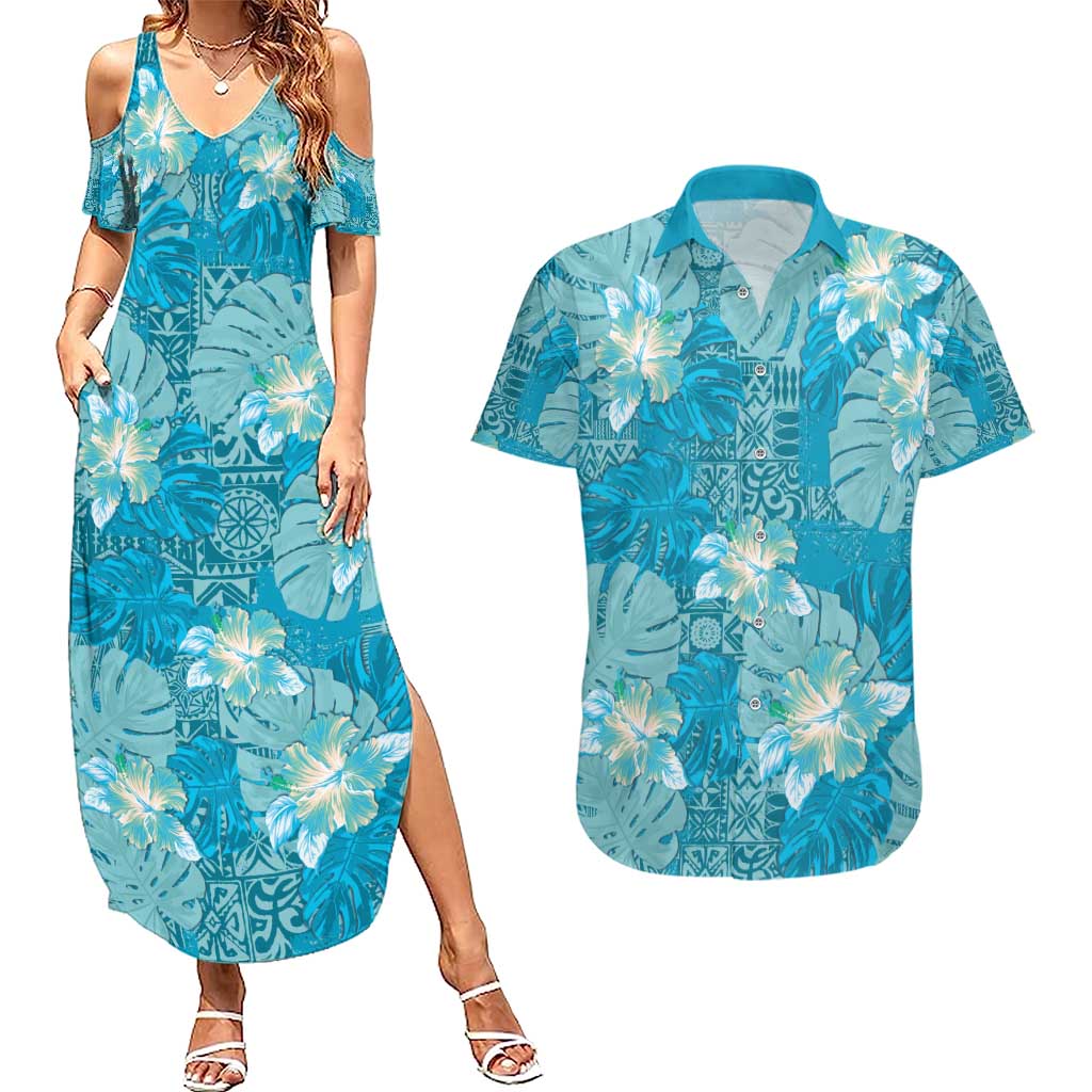 Hawaii Couples Matching Summer Maxi Dress and Hawaiian Shirt Teal Polynesian Monstera Patterns - Polynesian Pride