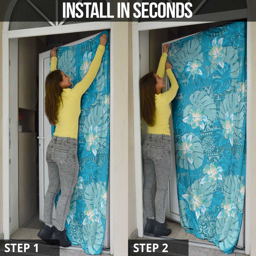 Hawaii Door Cover Teal Polynesian Monstera Patterns - Polynesian Pride