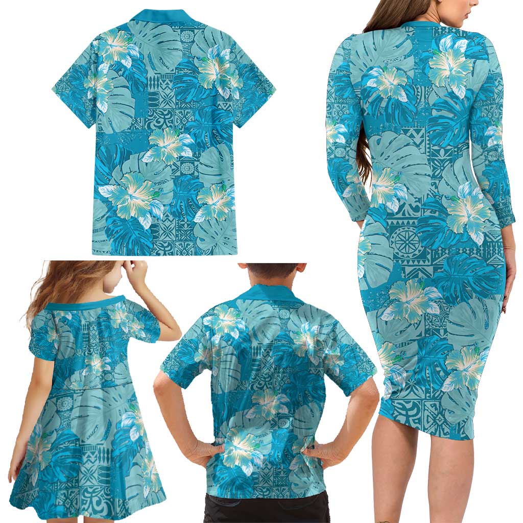 Hawaii Family Matching Long Sleeve Bodycon Dress and Hawaiian Shirt Teal Polynesian Monstera Patterns - Polynesian Pride