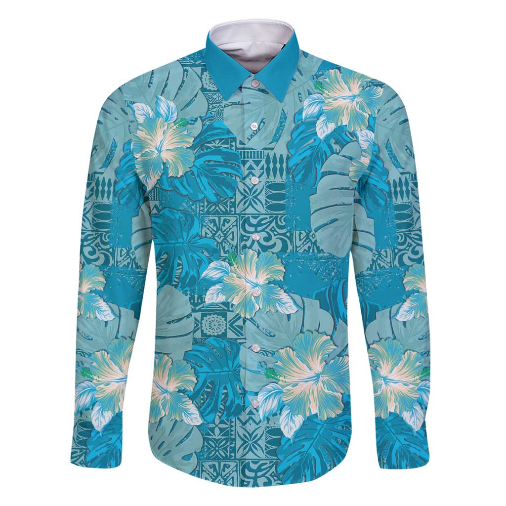 Hawaii Family Matching Long Sleeve Bodycon Dress and Hawaiian Shirt Teal Polynesian Monstera Patterns - Polynesian Pride