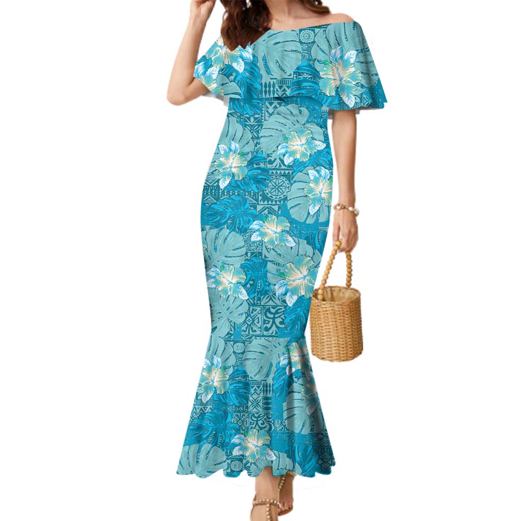 Hawaii Family Matching Mermaid Dress and Hawaiian Shirt Teal Polynesian Monstera Patterns - Polynesian Pride