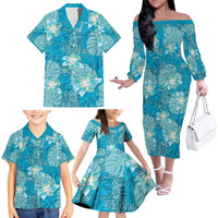 Hawaii Family Matching Off The Shoulder Long Sleeve Dress and Hawaiian Shirt Teal Polynesian Monstera Patterns - Polynesian Pride