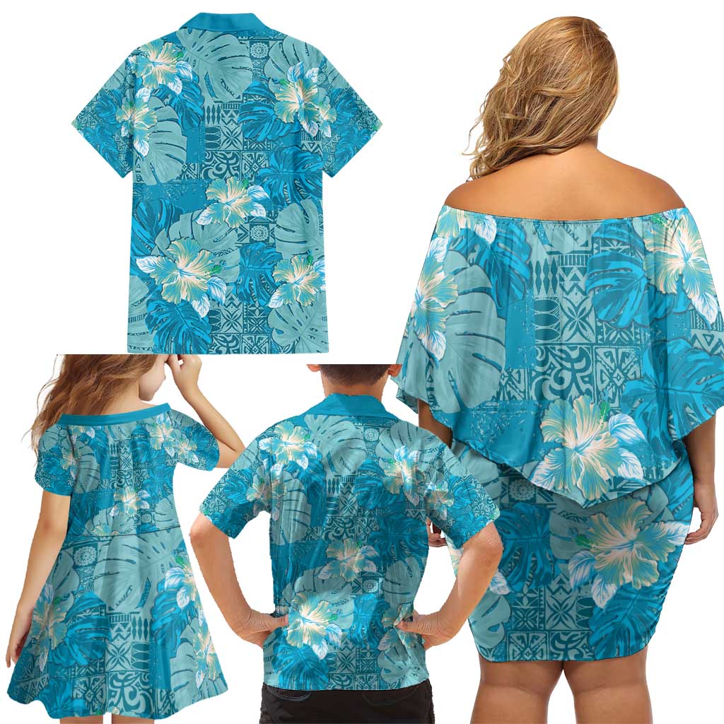 Hawaii Family Matching Off Shoulder Short Dress and Hawaiian Shirt Teal Polynesian Monstera Patterns - Polynesian Pride