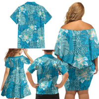 Hawaii Family Matching Off Shoulder Short Dress and Hawaiian Shirt Teal Polynesian Monstera Patterns - Polynesian Pride